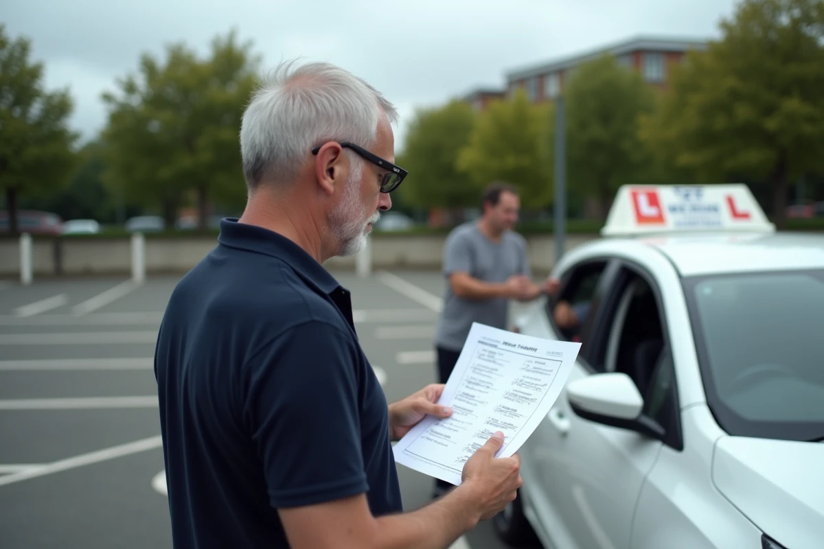 Moniteur d'auto-école consultant une fiche réponses imprimée du permis de conduire 2026 dans un parking