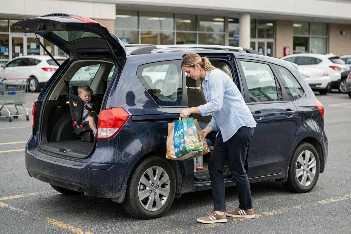 Jeune mère qui charge des courses dans le coffre spacieux d'un monospace familial compact au parking d'un supermarché