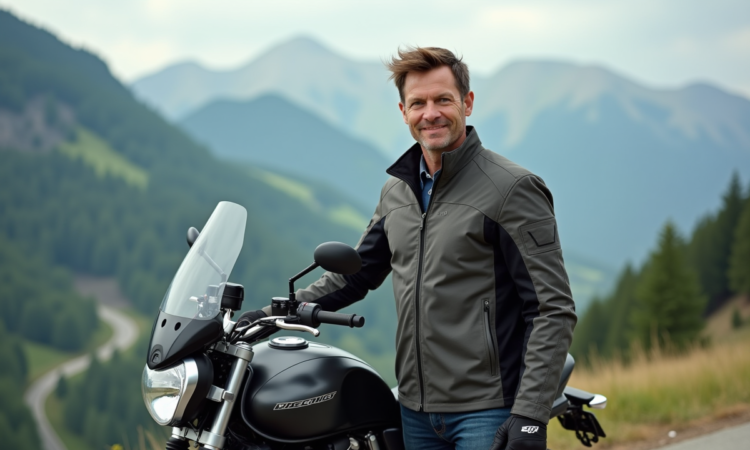 Motard confiant en moto de tourisme en montagne