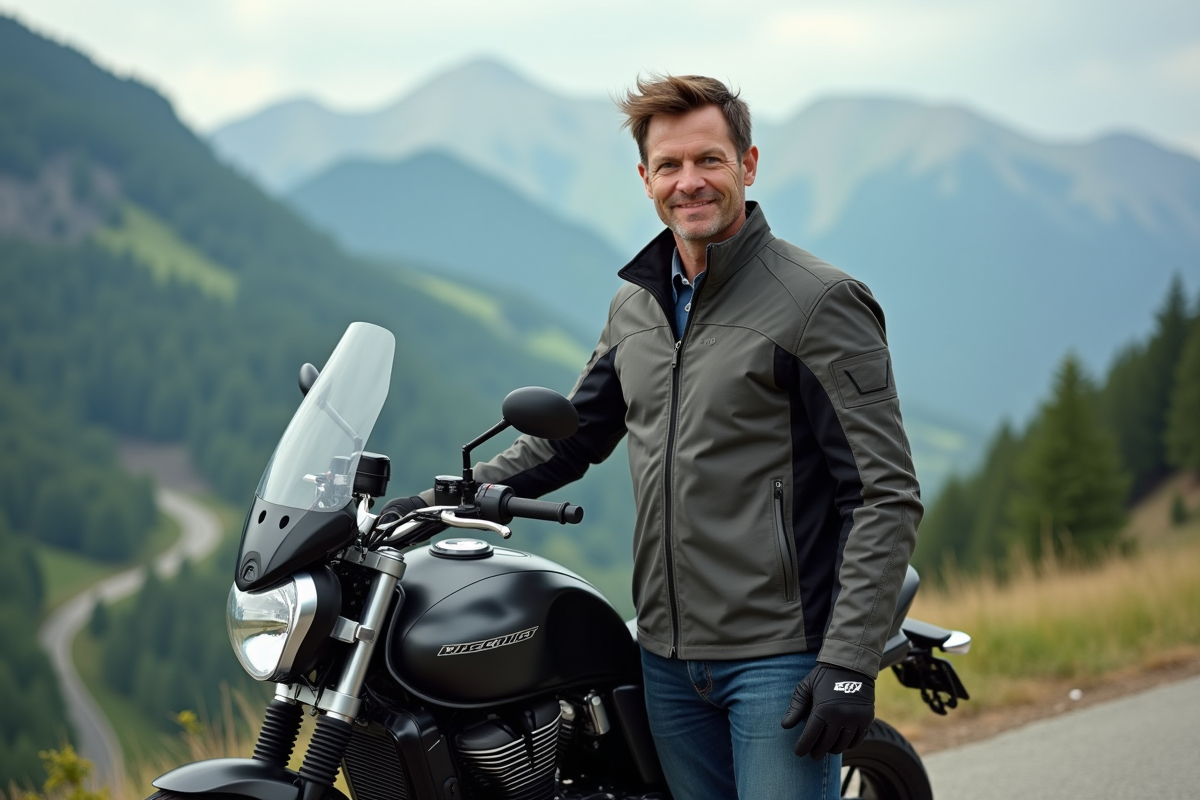 Motard confiant en moto de tourisme en montagne