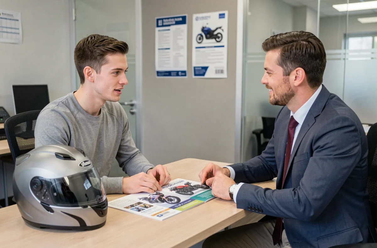 Jeune motard en agence d'assurance discutant d'une formule d'assurance moto avec un conseiller