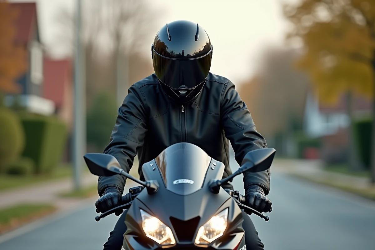 Motard en veste textile noire assis sur une Honda CBR 1000 F dans un environnement urbain résidentiel