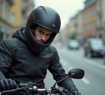 Jeune motard en ville ajustant son casque noir