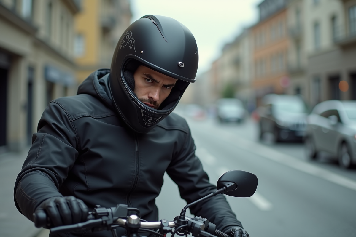 Jeune motard en ville ajustant son casque noir