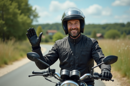 Motard souriant sur une route de campagne en France