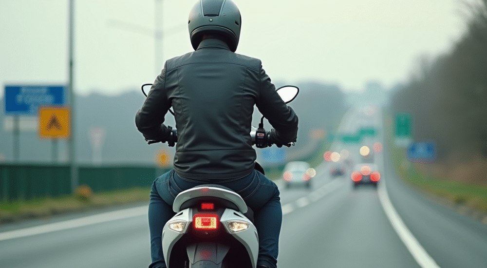Jeune homme en moto scooter sur l'autoroute française