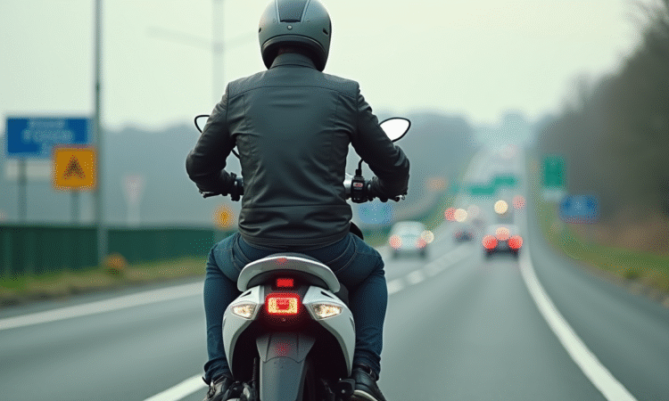 Jeune homme en moto scooter sur l'autoroute française
