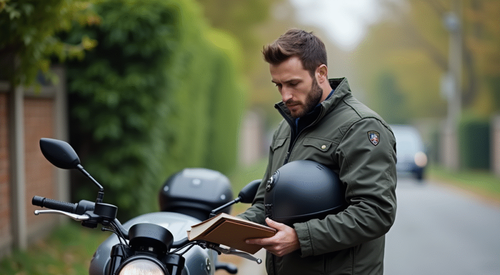 Homme en veste moto et casque avec moto 1000cc en ville