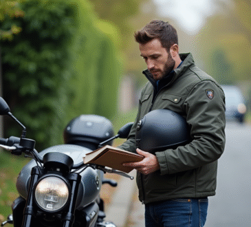 Homme en veste moto et casque avec moto 1000cc en ville
