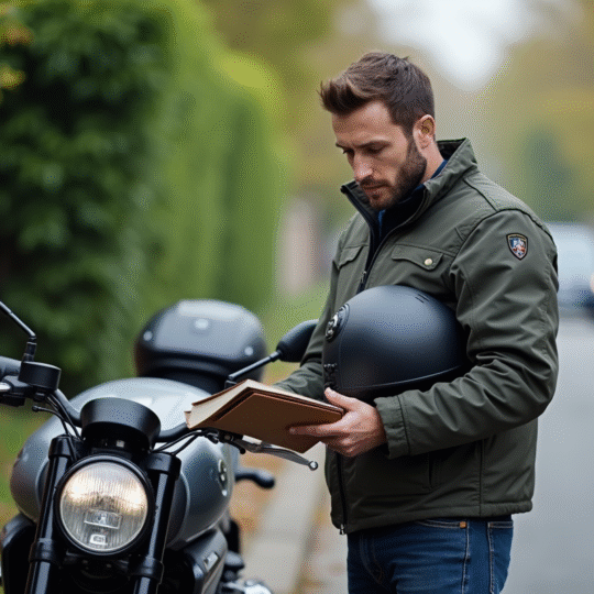 Homme en veste moto et casque avec moto 1000cc en ville