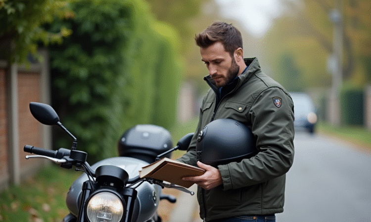 Homme en veste moto et casque avec moto 1000cc en ville