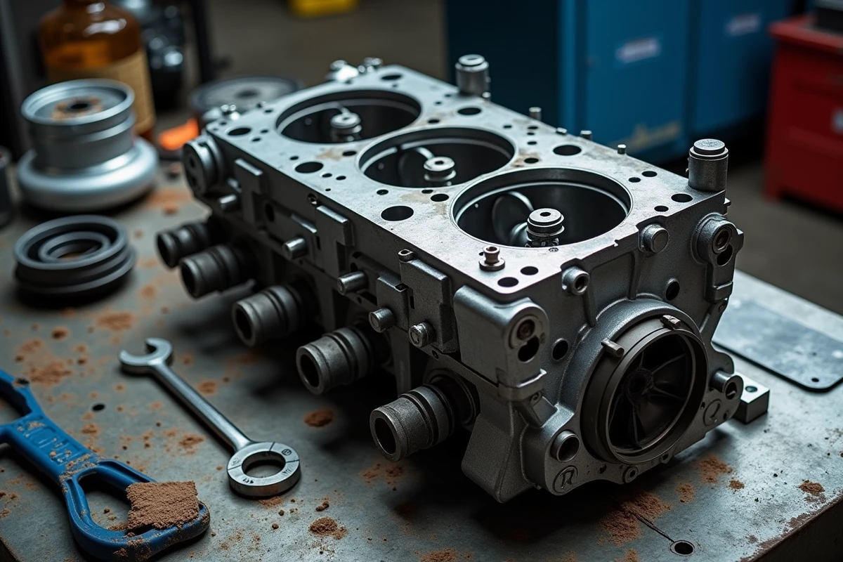 Moteur 1.6 HDI démonté sur un établi avec joint de culasse et turbocompresseur visibles