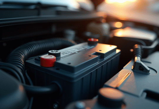 Vue macro du compartiment moteur avec batterie lumineuse