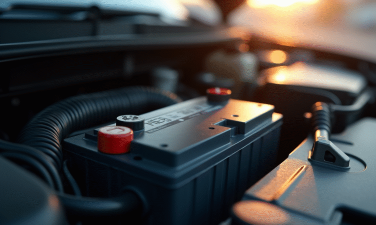 Vue macro du compartiment moteur avec batterie lumineuse