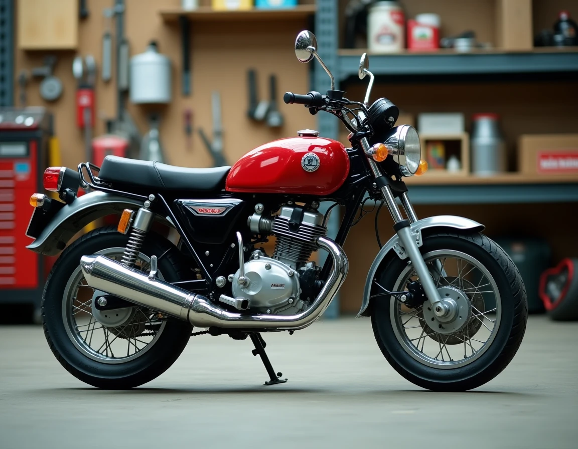 Moto 50cc garée dans un garage avec détails mécaniques visibles, moteur et pot d'échappement en gros plan