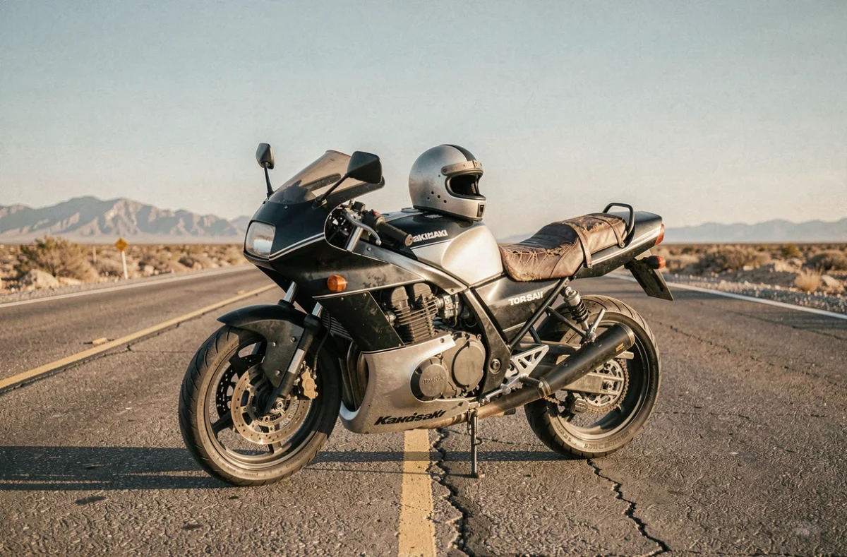 Moto Kawasaki GPz900R de Top Gun garée sur une route côtière désertique évoquant l'esthétique du film culte