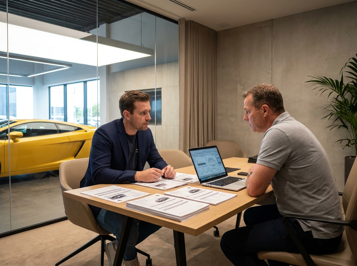Deux hommes négocient l'achat d'une supercar en examinant les documents d'historique du véhicule dans un bureau de concession de luxe
