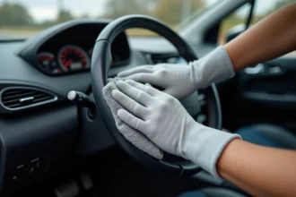Nettoyage du tableau de bord d'une Peugeot 208 avec un chiffon microfibre gris