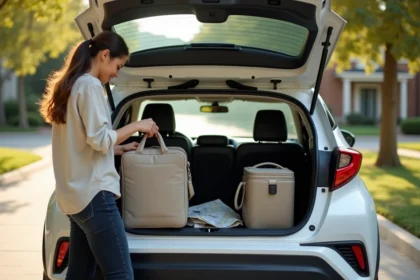 Femme organisant le coffre d'une Toyota C-HR avec des bagages de voyage soigneusement rangés avant un road trip