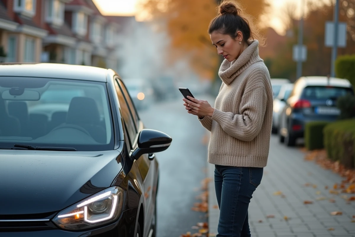 Femme inquiète observant de la fumée blanche sortant du capot d'une voiture diesel en panne dans la rue
