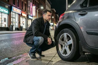 Homme accroupi près d'un pneu crevé sur une rue urbaine la nuit, cherchant une solution pour gonfler son pneu