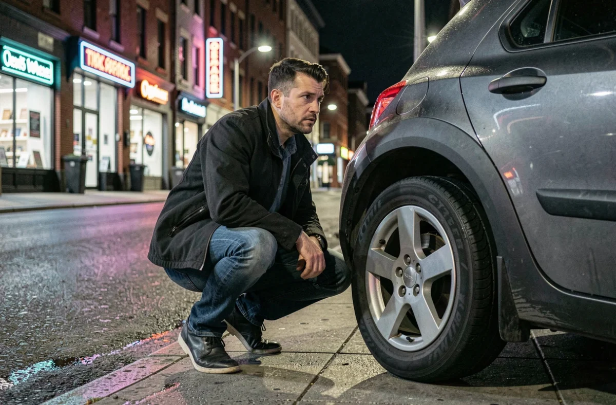 Homme accroupi près d'un pneu crevé sur une rue urbaine la nuit, cherchant une solution pour gonfler son pneu
