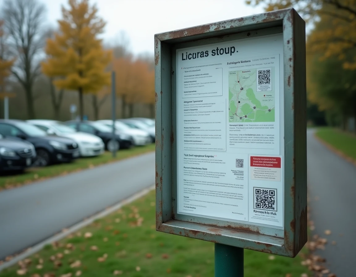 Panneau d'information avec horaires et carte à l'entrée d'une aire de covoiturage en banlieue française
