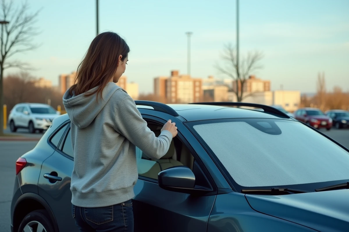 Femme installant un pare-soleil sur le pare-brise de son SUV dans un parking urbain