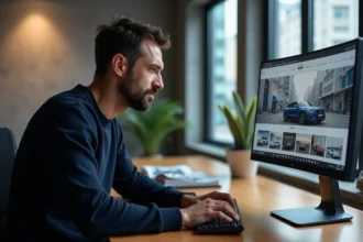 Passionné automobile consultant l'actualité auto 2026 sur un site web spécialisé depuis son bureau moderne