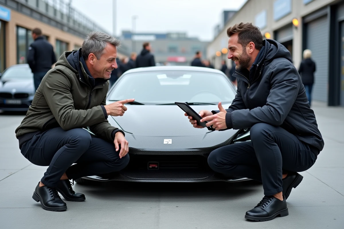 Deux passionnés d'automobile discutant des dernières actualités auto 2026 lors d'un salon automobile en plein air