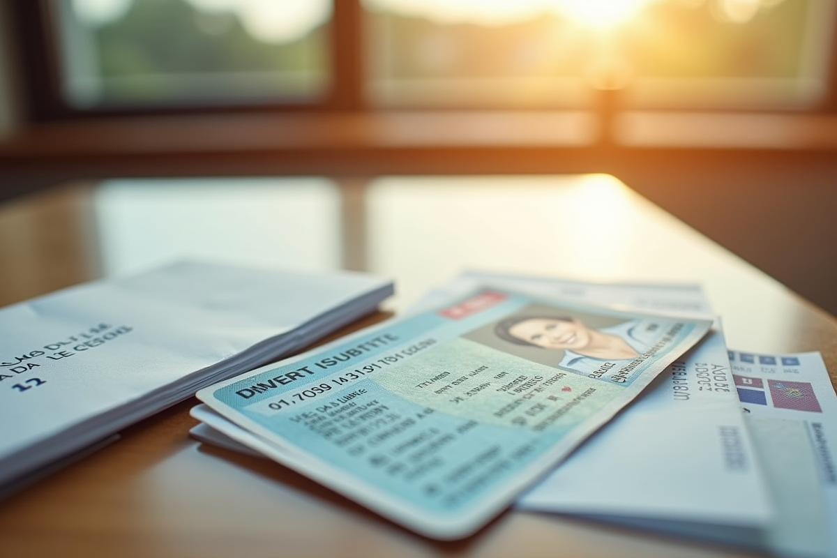 Permis de conduire français avec facture et enveloppe sur table en bois
