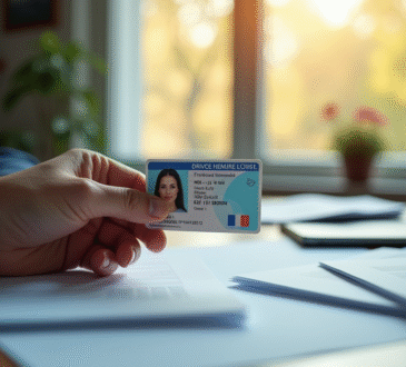 Main tenant un permis de conduire français devant un bureau organisé