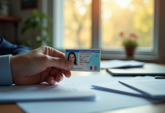 Main tenant un permis de conduire français devant un bureau organisé