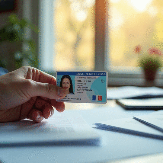 Main tenant un permis de conduire français devant un bureau organisé