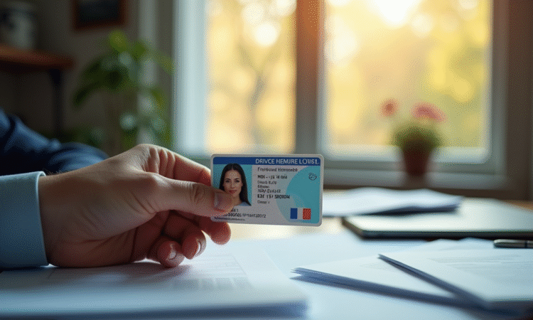 Main tenant un permis de conduire français devant un bureau organisé