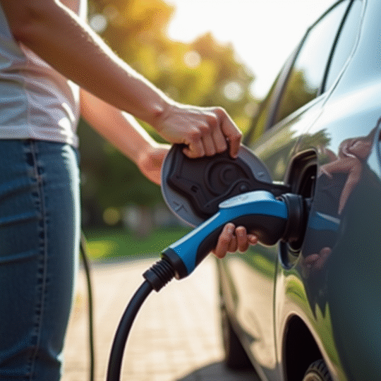 Personne vérifiant le port de charge d'une Peugeot 208 électrique en extérieur