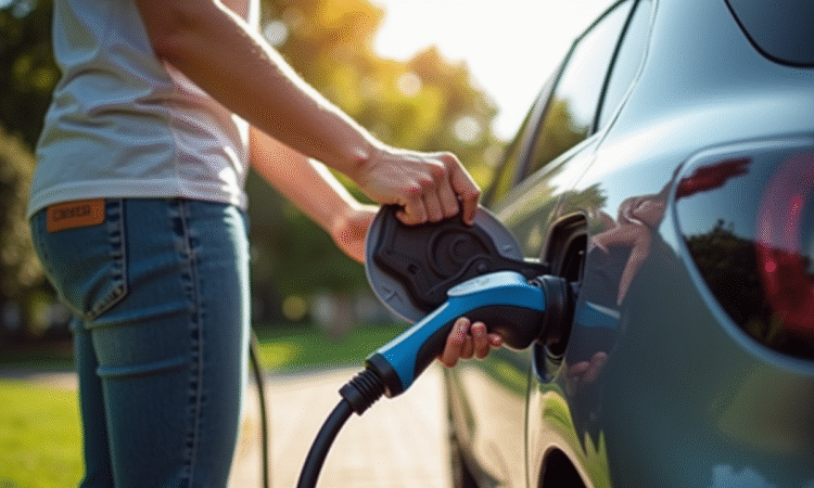 Personne vérifiant le port de charge d'une Peugeot 208 électrique en extérieur