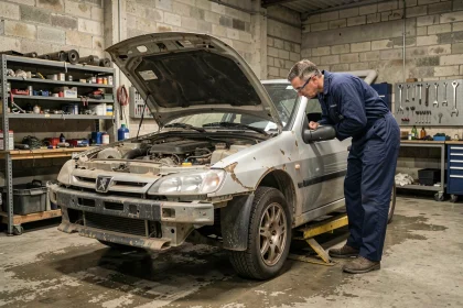 Peugeot 306 en cours de préparation Maxi dans un atelier de mécanique avec moteur ouvert et pièces détachées