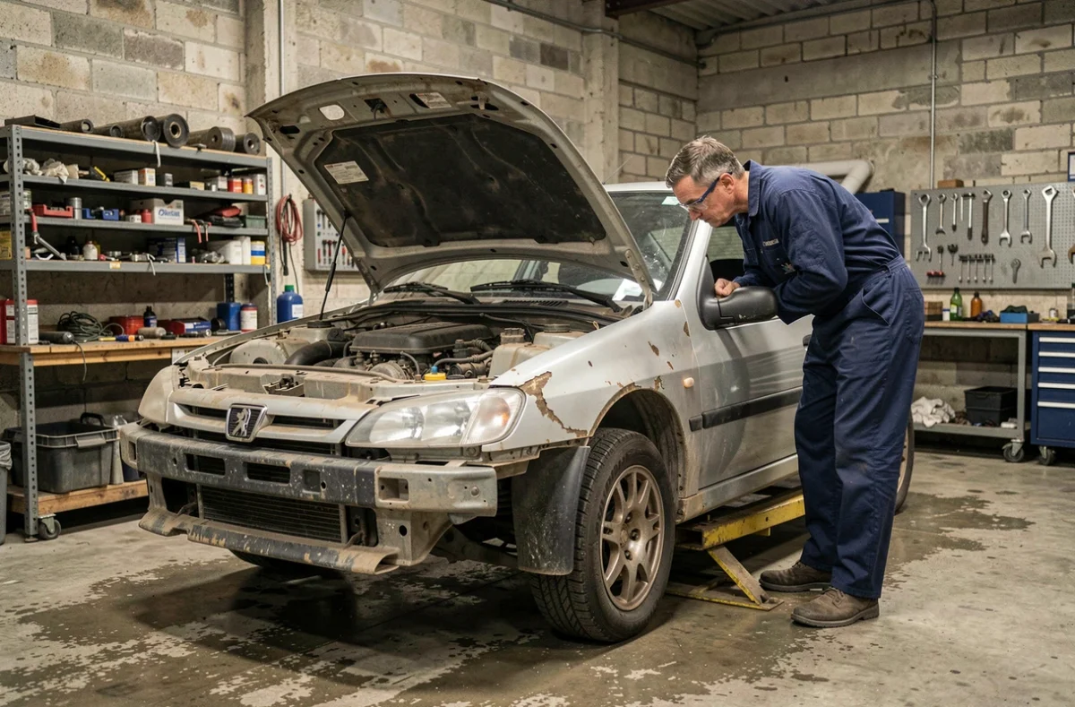 Peugeot 306 en cours de préparation Maxi dans un atelier de mécanique avec moteur ouvert et pièces détachées