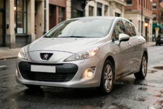 Peugeot 308 d'occasion vue de trois quarts avant garée dans une rue urbaine