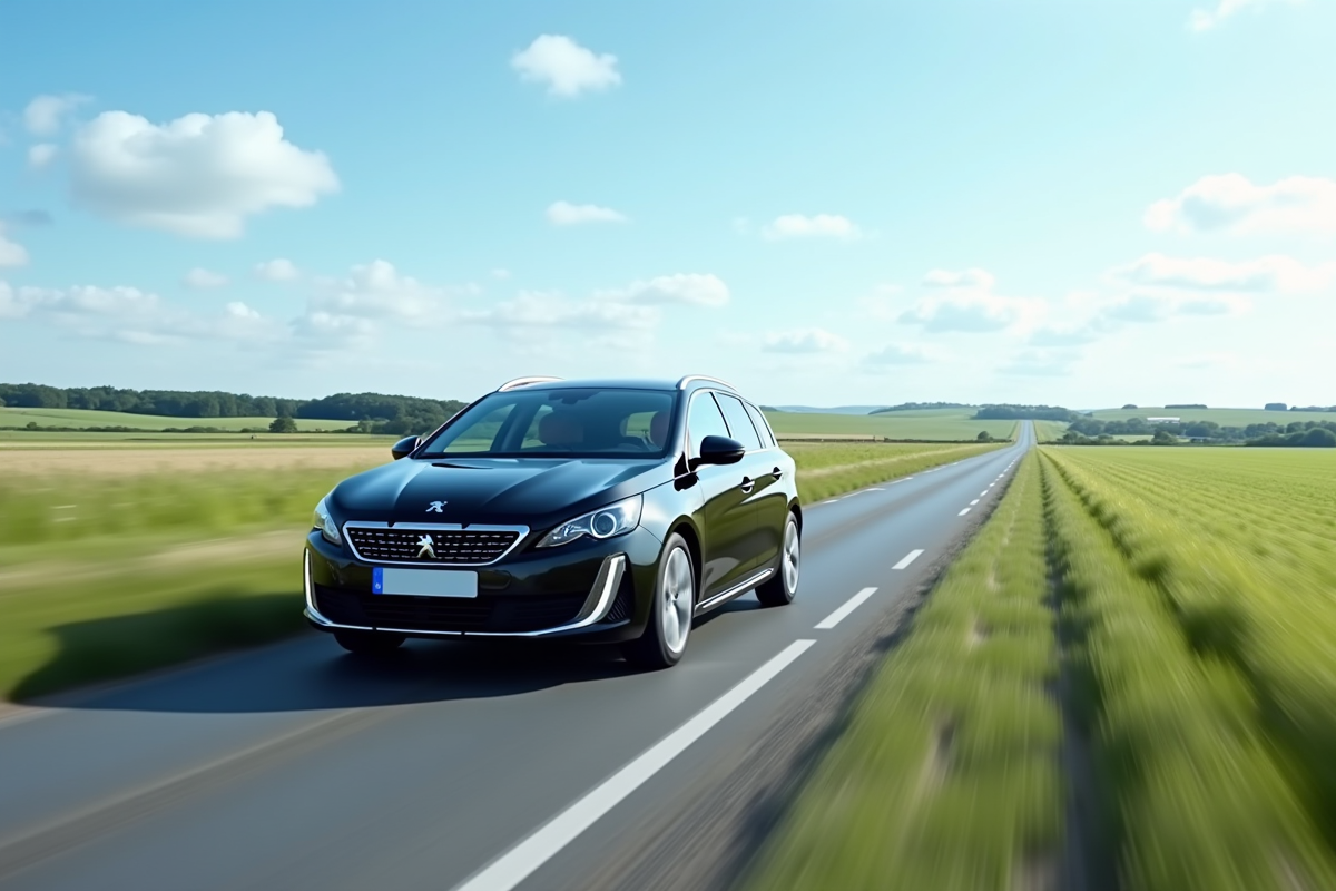 Peugeot 408 hybride en campagne sur une route ensoleillee