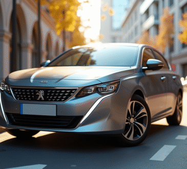 Peugeot 408 hybride en ville avec reflet du soleil
