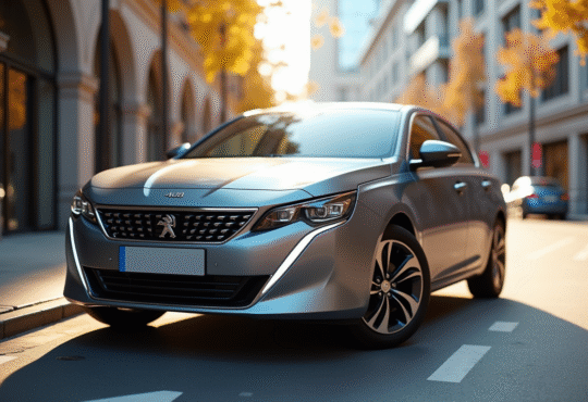 Peugeot 408 hybride en ville avec reflet du soleil