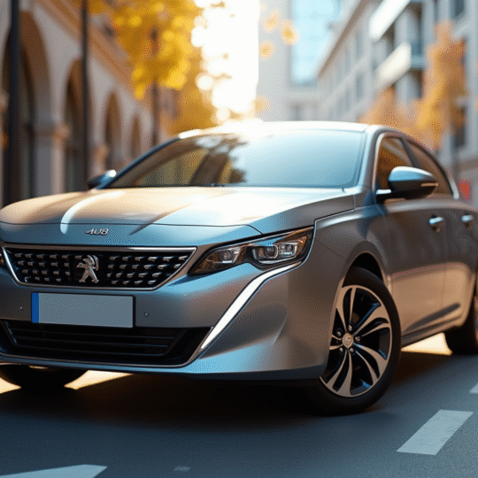 Peugeot 408 hybride en ville avec reflet du soleil