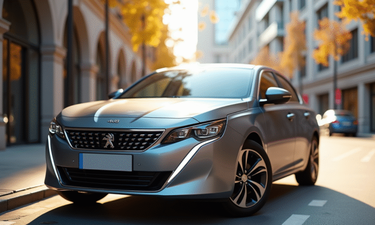 Peugeot 408 hybride en ville avec reflet du soleil
