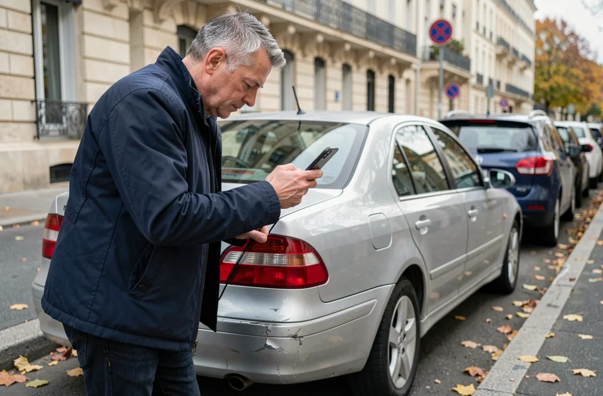 Homme photographiant les dégâts sur sa voiture après un accident pour déclarer un sinistre