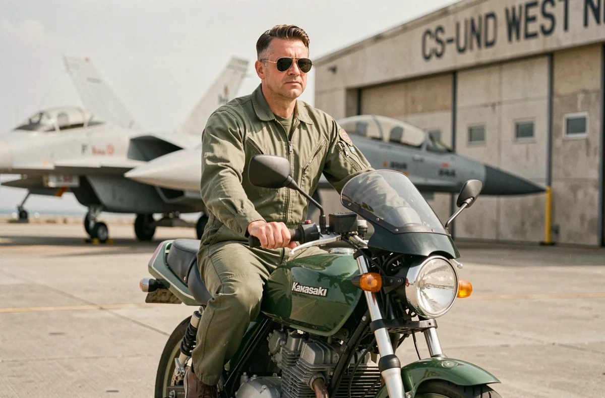 Pilote en combinaison de vol sur une moto Kawasaki devant un hangar militaire dans l'esprit de Top Gun