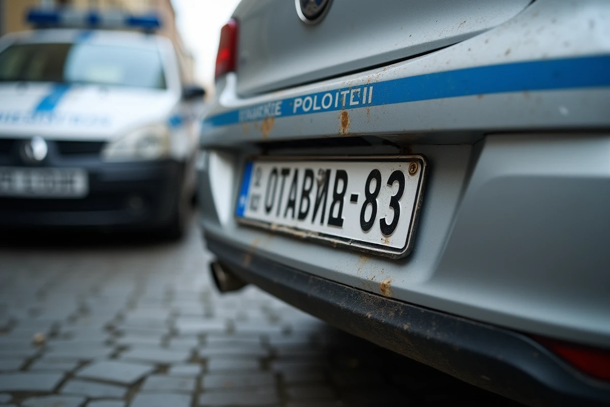 Plaque d'immatriculation ukrainienne sur un véhicule garé en France avec présence d'un véhicule de gendarmerie en arrière-plan