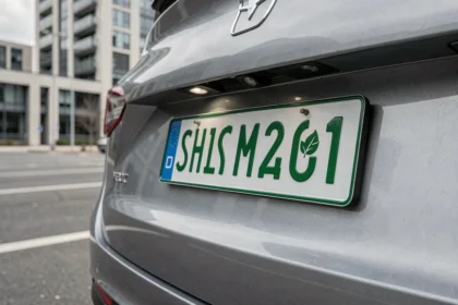 Plaque verte d'une voiture électrique en gros plan dans un parking urbain