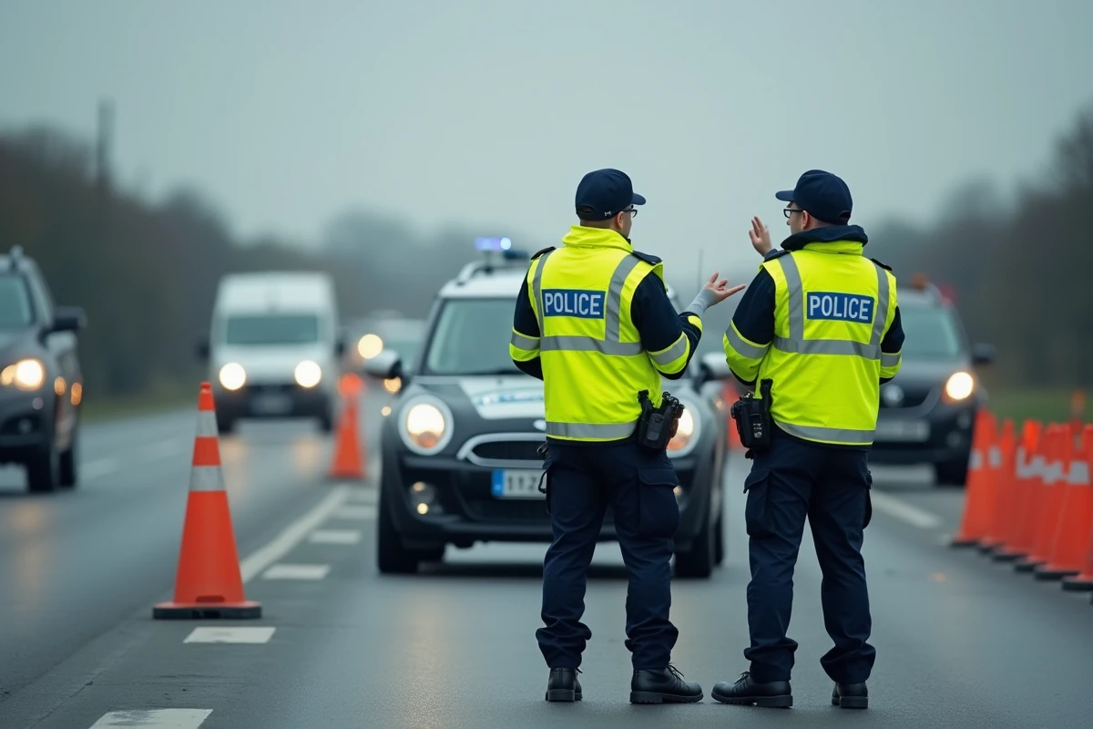 Policiers français en gilets jaunes réglant la circulation après un accident sur l'autoroute au nord de Lille